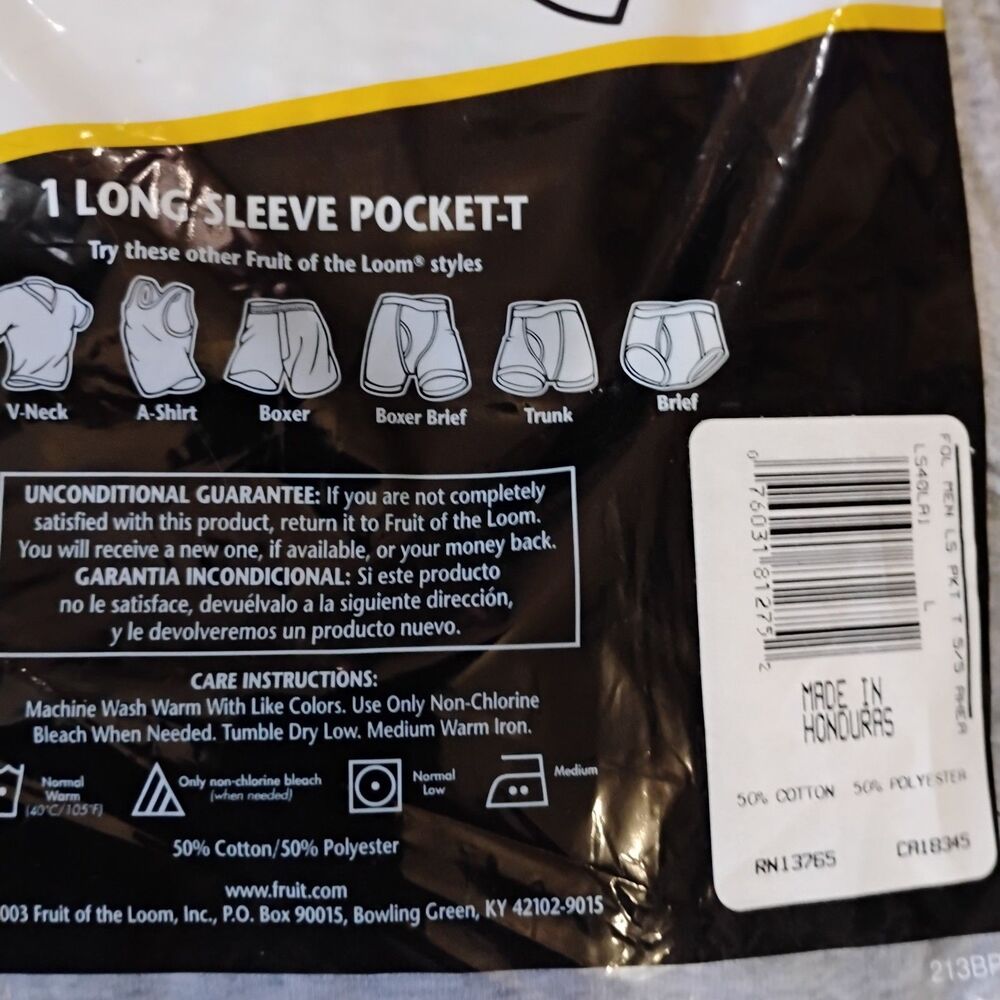 Lot of 3 Vintage Fruit of the Loom 2003 Long Sleeve Pocket T-Shirts Large NOS - Picture 6 of 11